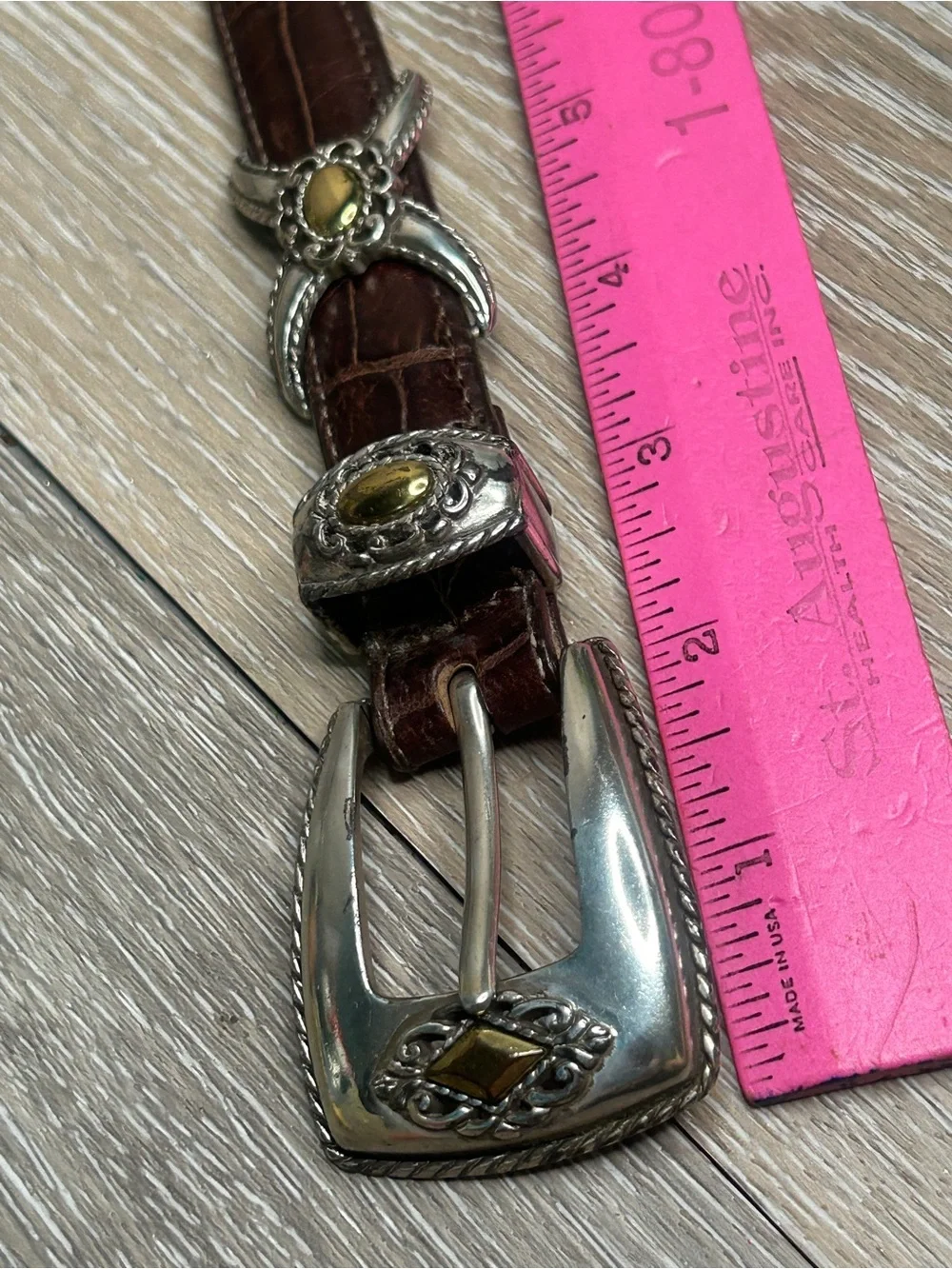 Brighton Brown Croc Embossed Leather Belt Silver Gold Two Tone Western Size 30
